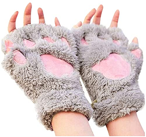 Topgrowth Handschuhe Damen Kawaii Katzenhandschuhe Plüsch Kunstfell Cosplay Katzenpfoten Fingerlose Handschuhe Mädchen Halbfingerhandschuhe aus Stoff, grau, Einheitsgröße