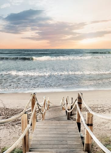 STYLER Glasbild Jetty 50 x 70 cm | Wellen Strand Meer Strandmotiv hell Meermotiv Sand Blau Steg | Glas Bild Wandbild | Wohnzimmer Schlafzimmer groß modern Küche