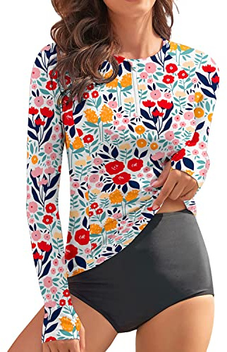 WOWENY Women's Long Sleeve Swimsuit Rash Guard Swim Shirts UPF 50+ Thumb Holes UV Bathing Suit Pink Floral