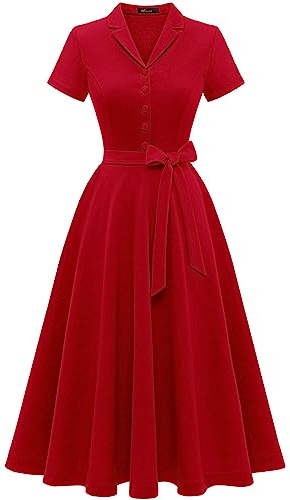 Wedtrend Robe de cocktail vintage pour femme, ligne A, longueur midi, col en V, robe de soirée élégante et décontractée, rouge, L