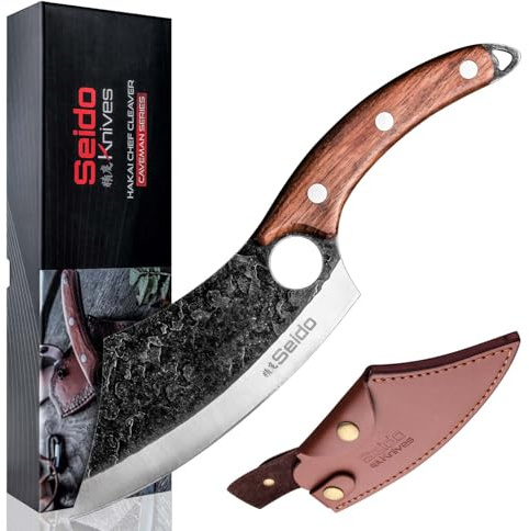 Seido Knives Hakai Chef Cleaver Knife | High Carbon Stainless Steel Meat Cleaver for Kitchen, Camping & BBQ | Japanese-Style Butcher Knife with Ergonomic Rosewood Handle & Leather Sheath