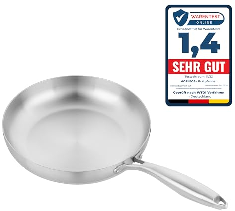 Morleos poêle en acier inoxydable 18/10 - Ø 28cm | 5 couches - 3mm - 1,35 kg | Poêle en acier inoxydable pour induction | Lavable au lave-vaisselle et résistant au four jusqu'à 400°C