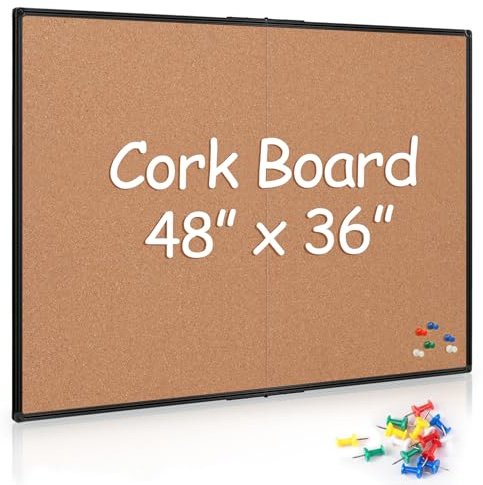 Board2by Cork Board Bulletin Board 36 x 48, Foldable Notice Pin Board for Wall, Black Aluminum Framed 4x3 Corkboard, Large Wall Mounted Office Board with 36 Push Pins for School & Home