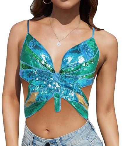 Papillon Débardeur à Paillettes,Top de fête à paillettes pour femme,Haut de crop top pour femmes,Débardeur à Paillettes pour Femme Motif Papillon,Pour Carnaval,le club de fête,Tenue de danse du ventre