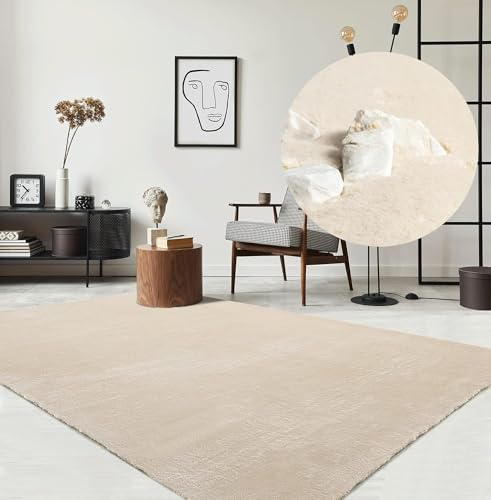 the carpet Relax Moderner Flauschiger Kurzflor Teppich, Anti-Rutsch Unterseite, Waschbar bis 30 Grad, Super Soft, Felloptik, Beige, 300 x 400 cm