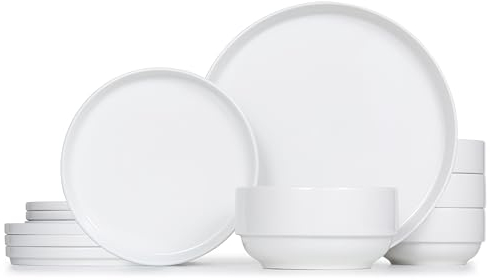 Cambridge Classics Service de table en céramique 12 pièces pour 4 personnes, bols à soupe (900 g), assiettes à salade (19,1 cm), assiettes plates (26,7 cm), passe au micro-ondes et au lave-vaisselle