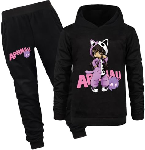 ZhanQuan APHMAU Girls Tracksuit Set Hoodie with Jogging Pants 2 Pieces/set Kids Casual Sweatshirts Outfits 1-13 Years（Black-140cm）