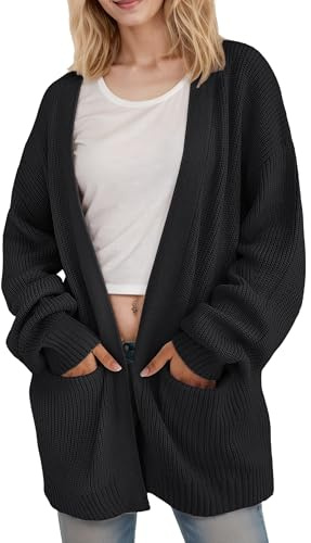 Jhsnjnr Cardigan da donna, oversize, casual, aperto, per autunno, a maniche lunghe, caldo maglia grossa, Nero , XL