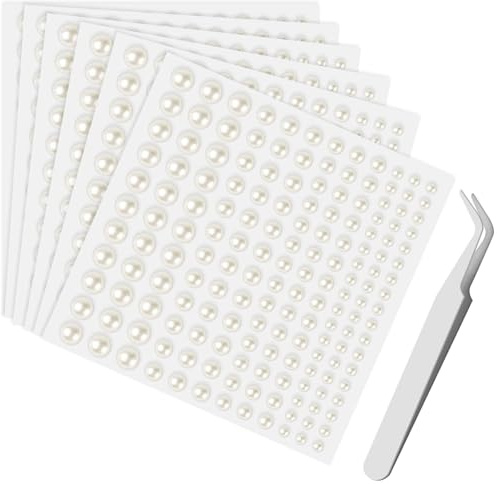 Sularpek 990 Perlas Autoadhesivas, 6 Hojas Adhesivo de Perla, Pegatinas de Perlas Blancas, Gemas de Perla Autoadhesivo, para Maquillaje, Uñas, Cabello, Manualidades-3/4/5/6 mm, con pinzas