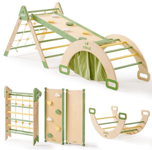 ROBUD 7 in 1 Pikler Triangle Set, Foldable Wooden Climbing Toys for Toddlers, Montessori Foldable Climbing Set with Rope Net, Ramp and Arch Climber for Girls & Boys
