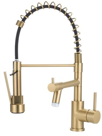 Warmiehomy Robinet de cuisine professionnel à LED - Pivotant à 360° - Avec deux becs - Arc haut - Ressort hélicoïdal - Robinet de cuisine pour évier - Doré