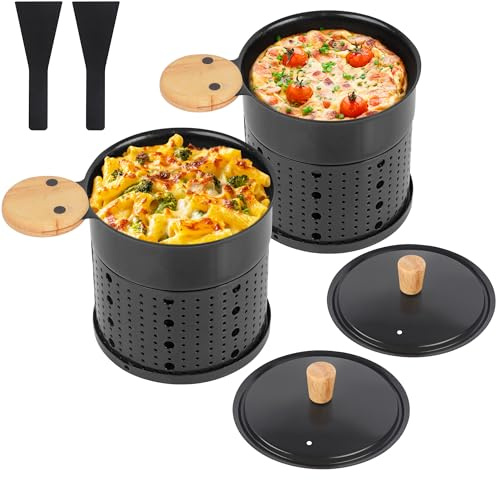 Juego Mini Parrillas para Raclette, 2 Piezas con Tapa Fondue Portátil para Queso y Chocolate, Base para Velas (No Incluidas), Antiadherente, Asas de Madera, Fácil Limpieza