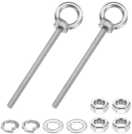 PATIKIL M6 x 90mm Eye Bolt, 2 Pcs 304 Stainless Steel Thread Lifting Ring Set Shoulder Eyebolt with Lock Nuts Flat Washers for Hanging Hammocks Articles, Silver