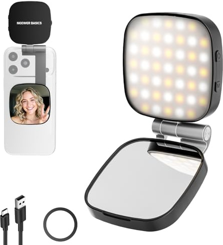 NEEWER Basics - Luz magnética para Selfies Compatible con MagSafe iPhone, 2 W CRI95+ Bi Color Giratorio, iluminación LED pequeña para Relleno de teléfono, 680lx/0,3 m, Espejo para grabación de vlog