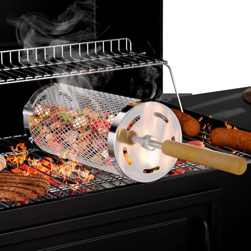 Rolling Grill Basket,304 Stainless Steel Grill Basket with Removable Wooden Handle,BBQ Tool & Smoker Accessory for Veg & Shrimp,Ideal for Outdoor Cooking,Camping & Gifts for Dad/Husband/Men