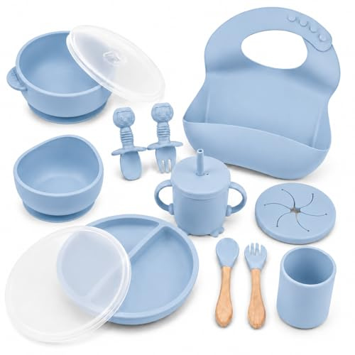 14 Piezas Vajilla Bebé Set de Alimentación Silicona BLW Antideslizante Azul | Plato, bol, vaso, taza, babero y cubiertos - Silicona sin BPA - Ventosa antideslizante - Ideal Baby Led Weaning