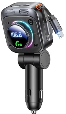 LENCENT 72W FM Transmitter Auto Bluetooth 5.4, Bluetooth Adapter Auto mit ausziehbarem Ladekabel, Zigarettenanzünder USB-C, Bass & Freisprecheinrichtung, Musik Adapter, 180° drehbar für iPhone 16/15