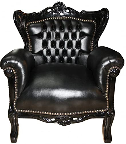 Casa Padrino Barock Kinder Sessel Schwarz/Schwarz Lederoptik