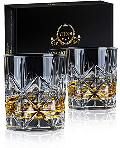 veecom Whiskey Glass Set of 2, 10 oz Crystal Whiskey Glasses Thick Bottom Bourbon Gifts for Men, Old Fashioned Rocks Glasses Tumbler for Scotch, Cocktail, Father's Day for Men (Glass Set 2)