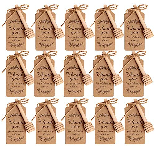 Amajoy Lot de 50 Petites cuillères à café en Bois avec Carte de Remerciement et Mini cuillère à Miel 8 cm pour Miel pour Les Pots à Miel