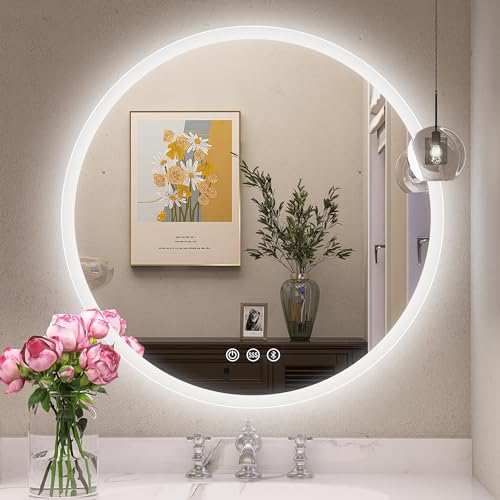 STARLEAD 60cm Runder-Badspiegel-mit-Beleuchtung, Bluetooth, Dimmbar, 3 Farbtemperatur, Entfoggen, Speicherfunktion, HD Hartglas, IP44 Wasserdicht
