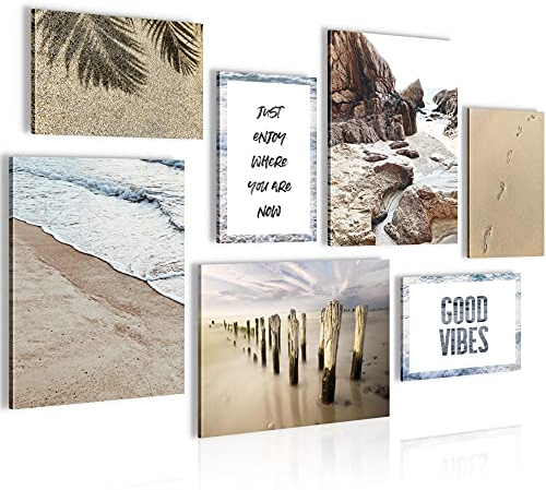 Novart Wandbilder Strand und Meer - KOMPLETT AUFHÄNGFERTIG - Mit Spruch Wohnzimmer Schlafzimmer - 7 Moderne Mood-Bilder - N013771a