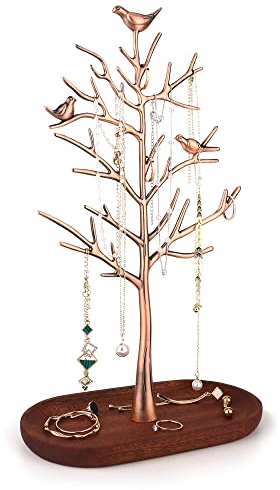 MORE&LESS Branch Jewelry Rack with wood tray,Luxury color,Tree Tower Rack Hanging Organizer for Ring Earrings Necklace Bracelet,Suitable for living rooms, bathrooms,offices,etc.