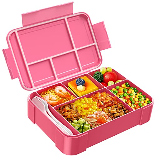 Jelife Bento Box Lunchlåda för barn – 1 450 ml läckagesäker 6 fack Bento lunchlåda barn lunchlådor med matredskap för skolstarten, lunchlåda i bokstil för småbarn daghem, rosa