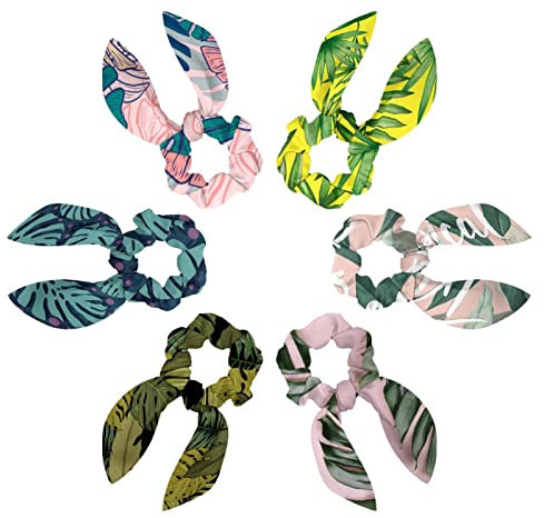 6PCS Cheveux Écharpe Scruncheis pour Femmes Filles, Ruban Arc Élastique Cheveux Cravates Bandes Satin Cheveux Ruban Scrunchy Ponytail Holder Accessoires,Modèle sans couture de palmier nain tropical