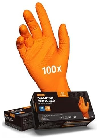 NIMEDA Lot de 50 gants jetables en nitrile orange taille XL – Épaisseur renforcée 2 à 3x – Gants de travail à usage unique – Sans latex, non poudrés, grip diamant antidérapant