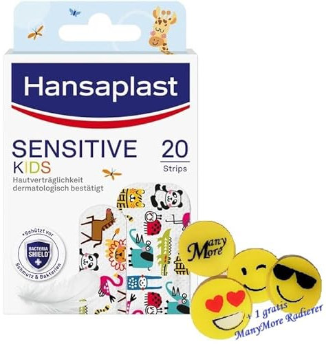 Hansa plast Sensitive Kids - 20 Pflaster Strips Wundverbände +gratis ManyMore Radierer