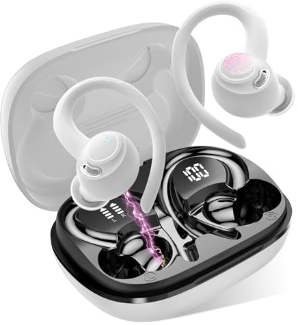 Ecouteurs Bluetooth sans Fil Sport, 2025 Headphones 5.4 HiFi Stéréo, Ecouteurs sans Fil avec ENC Mic, Ecouteur Pour Courir, IP7 Étanche Écouteur, 40H, Oreillette Sans Fil, Casque Écran LED, Blanc Pur