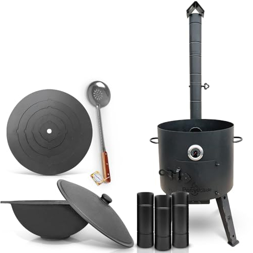Horno de 44 cm de diámetro, placa de cocina de 48 cm de diámetro, diámetro de 46,5 cm (16 L), base plana, termómetro de extensión de chimenea, espumadera de 48 cm (set – 567)