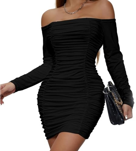 Belriviere Womens Sexy Mini Dress Bodycon Ruched Off The Shoulder Long Sleeve Short Dresses for Party Night Out Clubwear M Black