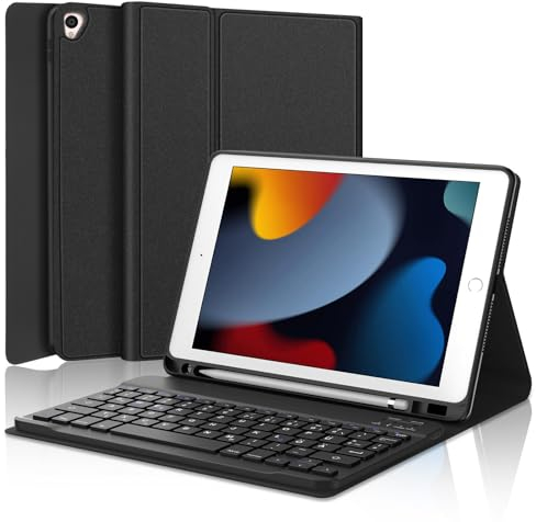 SENGBIRCH Tastatur Hülle iPad 9 Generation - Tastatur Hülle für iPad 10.2 Zoll 9/8/7 Generation,Soft TPU Gehäuse,ApplePencil Halter, Abnehmbar Magnetisch Tastatur mit QWERTZ Layout,SZ