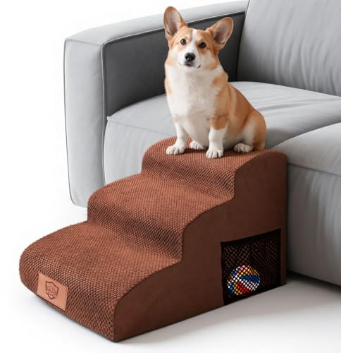 MASTERTOP Escaliers pour Chiens à 3 Marches en Mousse Haute Densité, Échelle Large pour Animaux de Compagnie, Escaliers Chien Antidérapant avec Housse Amovible pour Monter Canapé et Lit (Marron)
