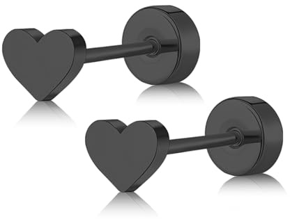 ZDE Women Earrings Flat Back Heart Earrings Titanium Hypoallergenic Non-Nickel Cartilage Earrings Studs for Sensitive Ears Simple Classic 5mm Black Screw On Stud Earrings
