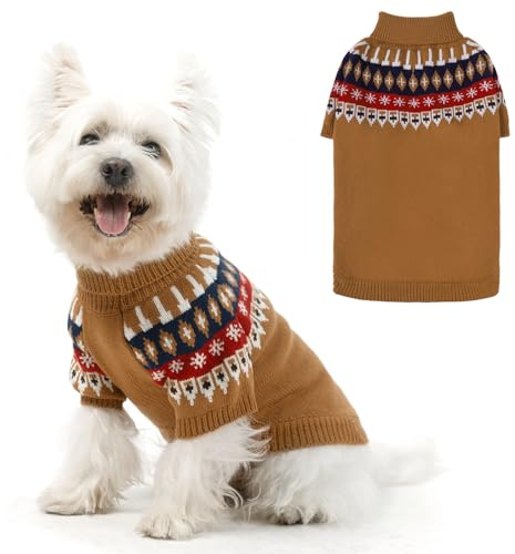 EXPAWLORER Turtleneck Dog Jumper - Knitted Dog Clothes in Classic Fair Isle Patterns, Warm Comfortable Puppy Jumper Pet Sweater with Sleeves, Winter Pet Outfit Pullover for Dogs Cats, Beige S-M