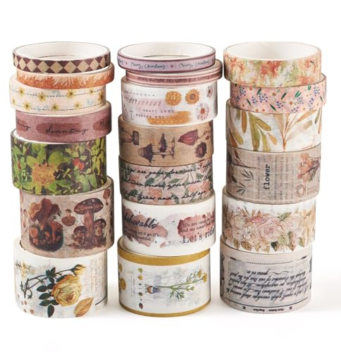 Sparkeads Set di 20 Rotoli di Nastro Washi Colorato Nastro Adesivo per Mascheratura Foresta Fiore Fungo Lettera Retrò Adesivo Decorativo per Scrapbooking Bullet Journal Confezione Regali Artigianato