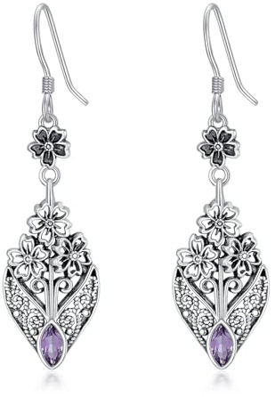 Ametistörhängen för kvinnor i 925 sterlingsilver, vintage markis form ametist örhängen, bohemiska smycken, födelsedag och julklappar, Sterlingsilver, Ametist