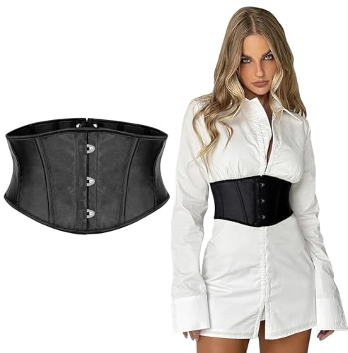 Marjoramy Women's Underbust Corset Belt, Boned Lace-Up Waist Cincher, Elastic Waspie Corset for Waist Training, Steampunk Renaissance Pirate Gothic Halloween Cosplay Costume Accessory (L)