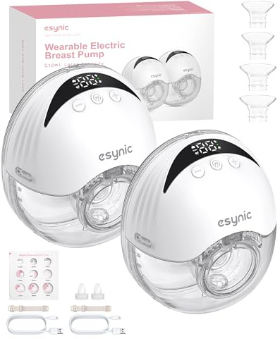 eSynic 2PCS Sacaleches Eléctrico Manos Libres con 4 Modos y 12 Niveles Extractor de Leche Materna 210ml Menos Ruido con Bridas de 24/21/19 mm a Prueba de Fugas Extractor de Leche Inalámbrico Sin BPA