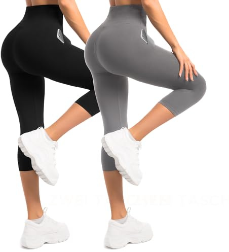 Sanpetix - Leggins de 3/4 para mujer con bolsillos, pack de 2, leggins capri de cintura alta para mujer, pantalones elásticos suaves para entrenamientos, el gimnasio y yoga, negro/gris, L-XL