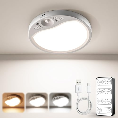 Tanbaby Plafoniera LED Soffitto Ricaricabile,Lampada da Soffitto con Sensore di Movimento e Telecomando,Fissaggio magnetico senza forature,3000K-6500K Lampada Soffitto per Cameretta,Cucina,Soggiorno