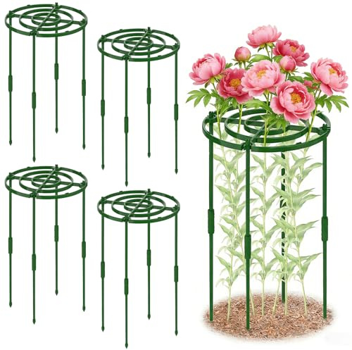 4 Pack Peony Cages and Supports, 11.8 D x 25 H Plant Supports for Outdoor Plants, Peony Support Cage Flower Support Rings, Plant Support Ring for Rose Tomato Hydrangea Strawberry