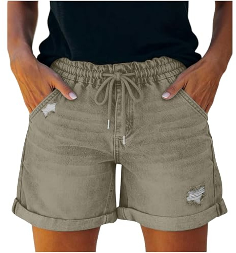 NUSGEAR 2026 Shorts Mujer con Cordón Elásticos Vaqueros Pantalones Cortos Mujer Jeans de Color Liso Shorts Holgados Deportivos Pantalones Cortos Casual
