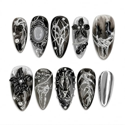 Gothic Black Silver Dark Series 3D Floral Metal Press On Nails For Women - 12 Sizes Vintage Punk Style Almond Short Fake Nails With Rhinestones & Chains, Reusable 1-3 Weeks, DIY Art Kit