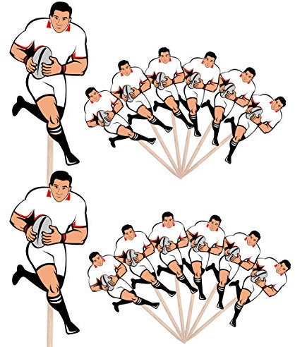 AK Giftshop Rugby Player White Kit Rugby Events Clubs Birthday Party Food Cake Cupcakes Picks Sticks Flags Decorations Toppers Stand Up Food Flags (pack of 14)