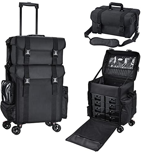 Stagiant Professional Rolling Makeup Case Soft Sided Cosmetology Organizer Wheeled Nylon Train Case Portable Travel Supply Station for Makeup Artist Nail Technician Hair Stylist Crafters