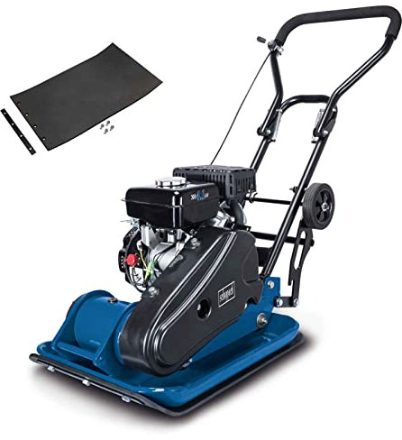 Scheppach Benzin Rüttelplatte HP1900S Vibrationsplatte Rüttler | 5,6PS Leistung | 17000N Verdichtungsdruck | Platte 530x350mm | 25 m/min Vorlauf | 30cm Verdichtungstiefe | Fahrvorrichtung & Gummimatte